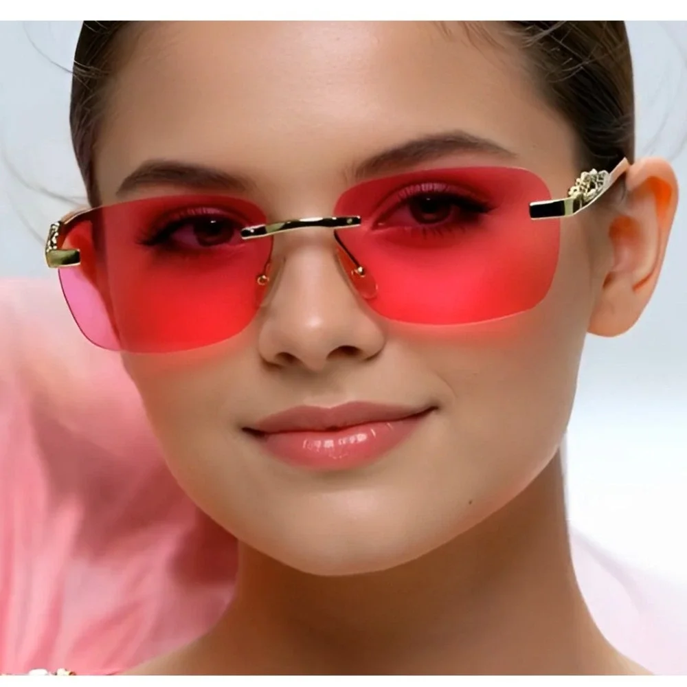 Rimless‎ Sunglasses Gold Leopard Accent Pink Lens Fashion Trendy Designer Women
